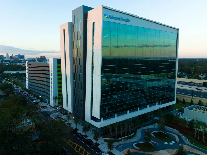Exterior aerial view of AdventHealth Innovation Tower.
