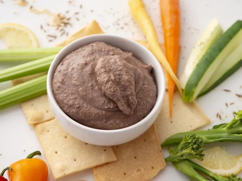 White bowl of black bean hummus surrounded by vegetable sticks and crackers.