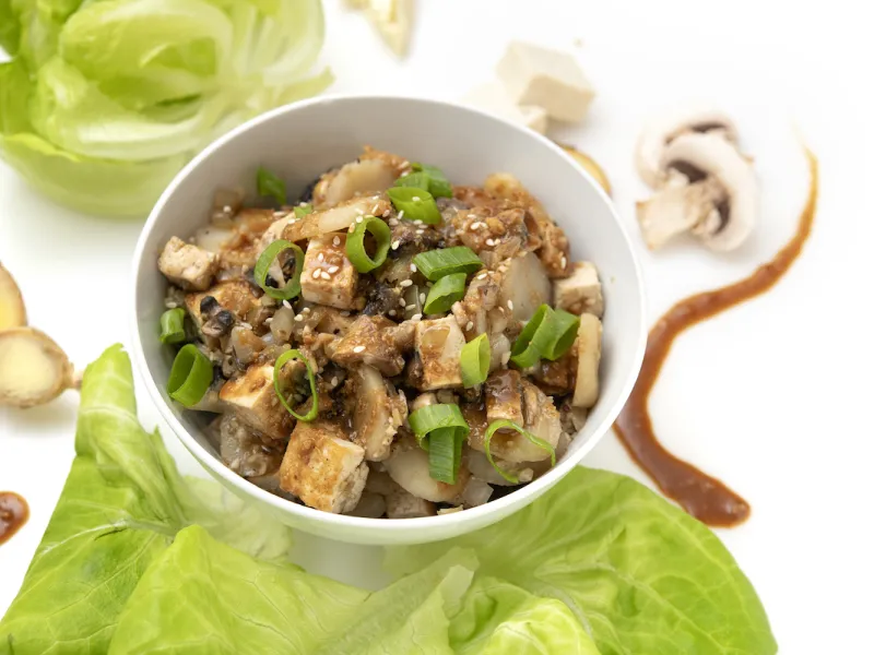 Bowl of tofu chunks and green onions with lettuce garnish