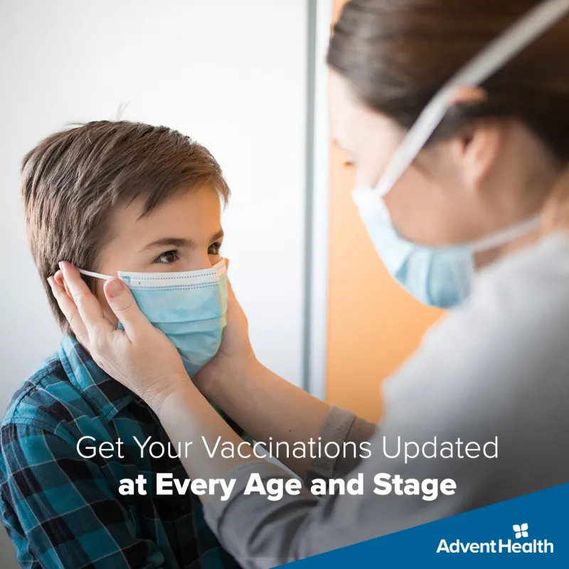 Social Media Graphic Available for Download of Mother and Son reminding about vaccines for back to school time