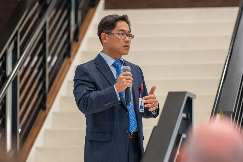 AdventHealth Orthopedic Sports Medicine Medical Director, Dr. Luke Oh, addresses the community in the Orlando Magic Family room located within the AdventHealth Training Center